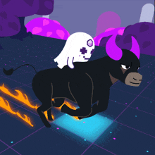 a cartoon of a bull with a ghost riding on its back