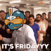a group of people are gathered in a room with the words it 's fridayyyy