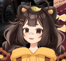 a girl with a leaf on her head is wearing a bear costume