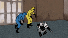 a cartoon of a man in a blue suit and a man in yellow pants