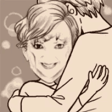 a black and white drawing of a man and woman hugging each other with their eyes closed .