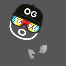 a person wearing sunglasses and a hat with og 76 ed on it