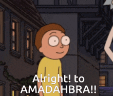 a cartoon character says " alright to amadahbra " in front of a building
