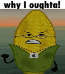 a corn on the cob with glasses and a necklace that says apple on it