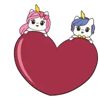 two unicorns peeking out of a large red heart