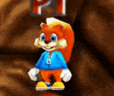 a cartoon squirrel is wearing a blue jacket and yellow shoes .