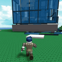 a roblox character walking in front of a large building