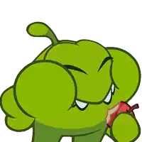 a green cartoon character is eating an apple with a white background