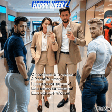 a couple of men and a woman taking a picture of themselves with the words happy week in the background