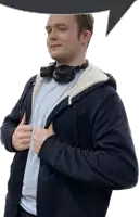 a man wearing headphones and a hoodie has a speech bubble behind him