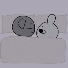 a cartoon drawing of a dog and a rabbit kissing with the letters n and n sleeping above them