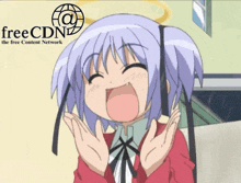 a girl with purple hair is smiling in front of a sign that says free cdn the free content network