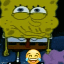 spongebob squarepants is standing next to a smiley face with tears in his eyes .