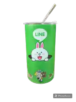 a green stainless steel tumbler with a straw and a bunny on it that says line
