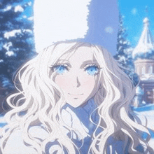 a girl with long blonde hair and blue eyes is wearing a white hat and a white coat .