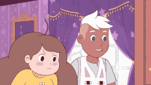 a boy and a girl are standing next to each other in a room with purple curtains