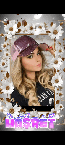 a picture of a woman wearing a hat with the word hosrt written on it