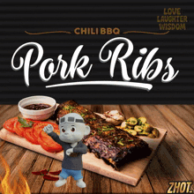 an advertisement for pork ribs shows a stuffed animal on a wooden table