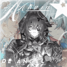 a black and white drawing of a person with the name de angel on the bottom