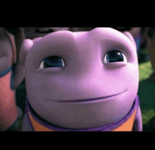 a close up of a purple cartoon character with blue eyes smiling