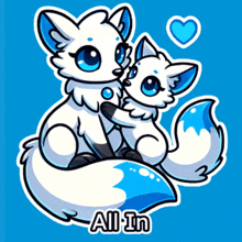 two white foxes are sitting next to each other on a blue background with the words all in underneath them