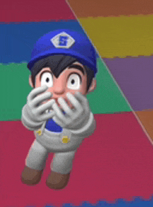 a cartoon character is covering his mouth with his hands while standing on a colorful mat .