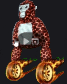 a stuffed monkey with wheels is sitting on a tree branch .