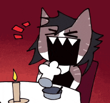 a cartoon cat is sitting at a table with a candle and a bowl of food