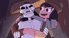 a girl is holding a skeleton in her arms in front of a sign that says " vampire "