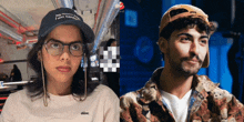 a woman wearing glasses and a hat that says " i am nothing " next to a man