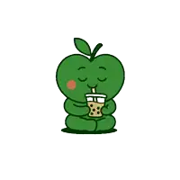 a green apple is drinking bubble tea with a straw .