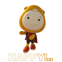 a cartoon character with a cape and the word happy written in orange letters
