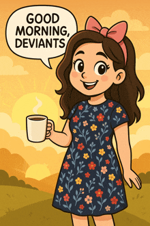 a girl in a floral dress is holding a cup of coffee and says good morning deviants