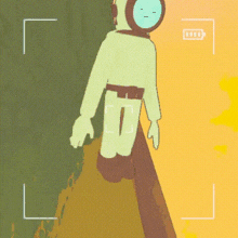 a cartoon character with a clock on his head is standing on top of a mountain .