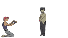 a cartoon of a man kneeling down while another man stands behind him