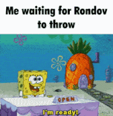 a cartoon of spongebob standing next to a pineapple house that says open