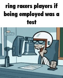 a cartoon character is sitting at a desk in front of a computer screen .