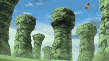 a painting of a landscape with green rocks and a person in the sky