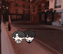 a couple of cartoon characters standing on a street