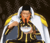 a man in a suit and tie is eating a bowl of food with chopsticks