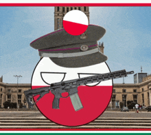 a cartoon ball with a military hat and a gun on it