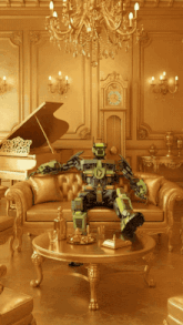 a robot sits on a couch in a living room with gold furniture