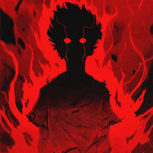 a silhouette of a person with glowing eyes surrounded by flames