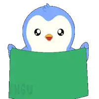 a blue and white penguin is holding a green sign that says " engu " on it