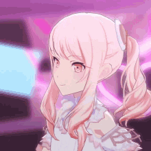 a girl with pink hair is wearing a white top