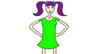 a drawing of a girl with purple hair and a green dress