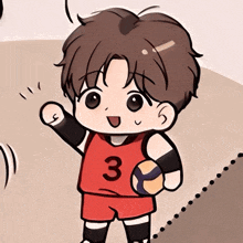 a cartoon drawing of a boy wearing a red jersey with the number 3 on it