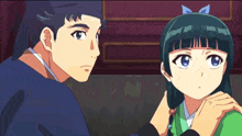 a man and a girl are looking at each other and the girl has a blue bow in her hair