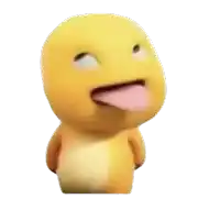 a yellow stuffed animal with its tongue out