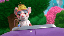 a cartoon mouse wearing a hat and goggles is driving a car